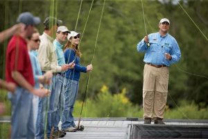 Free Fly-casting lessons Free Fly-casting lessons - Marshall, VA with Certified fly-fishing instructors teaching casting techniques to a small group at a park pavilion